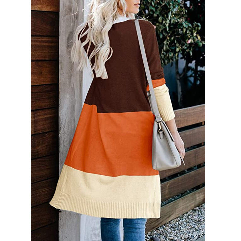 Damen Longline-Cardigan mit Colorblock, geripptem Saum und offener Front Nord Taschen
