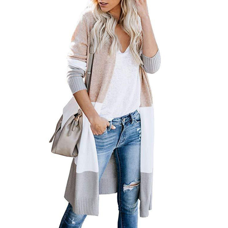 Damen Longline-Cardigan mit Colorblock, geripptem Saum und offener Front Nord Taschen