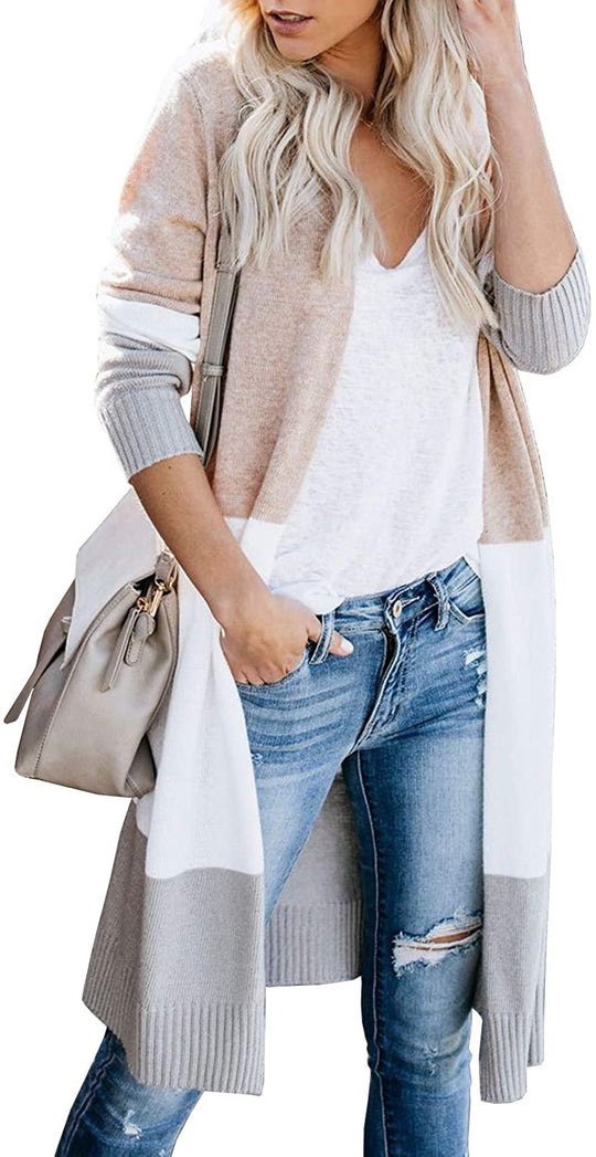 Damen Longline-Cardigan mit Colorblock, geripptem Saum und offener Front Nord Taschen