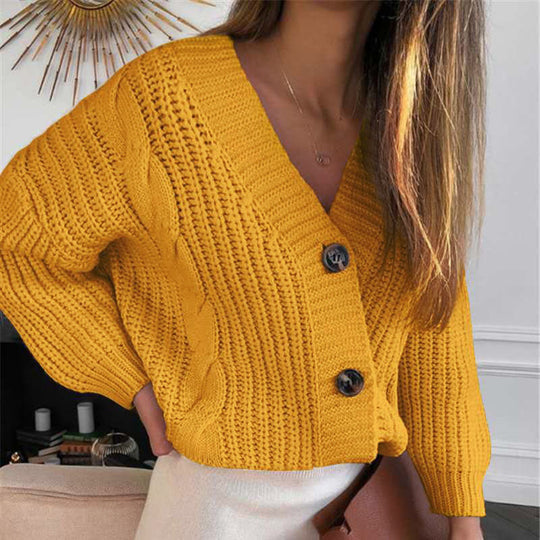 Damen Kurz geschnittener Grobstrick-Cardigan mit tiefem V-Ausschnitt, Zopfmuster und Oversize-Ärmeln Nord Taschen
