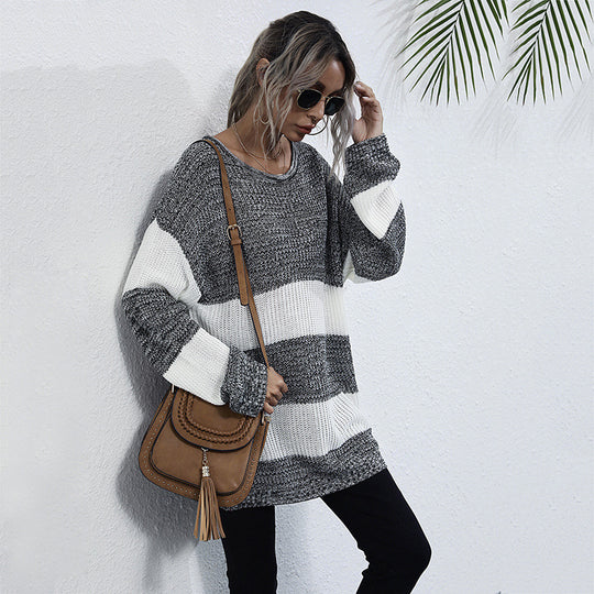 Damen Oversize Longpullover mit Blockstreifen und Rundhalsausschnitt Nord Taschen