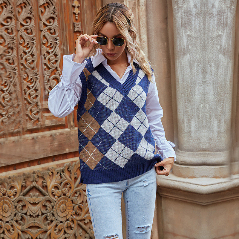 Damen Ärmellose Argyle-Strickweste mit V-Ausschnitt und Retro-Rautenmuster Nord Taschen