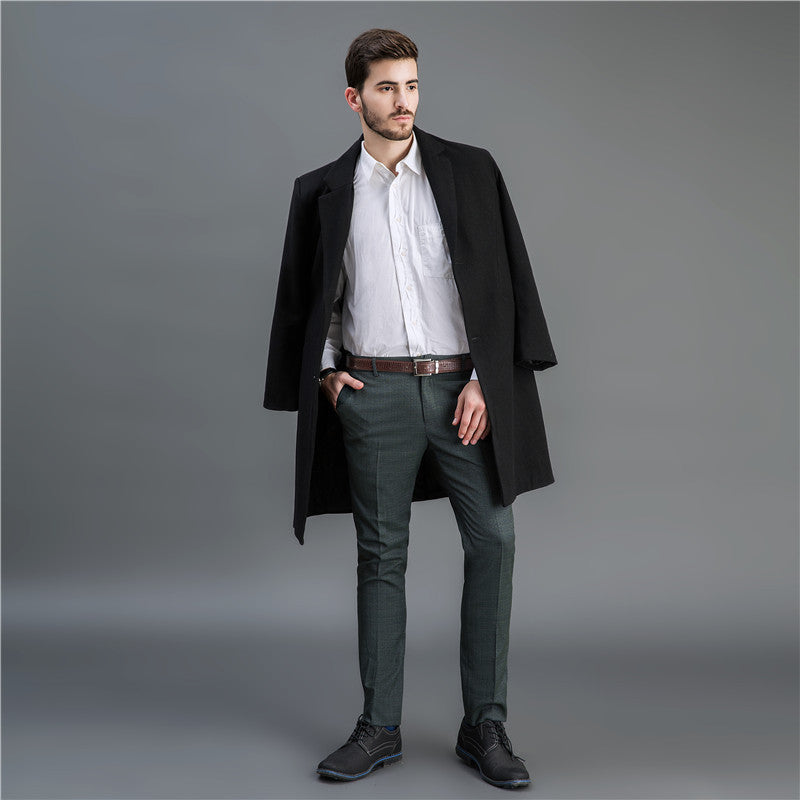 Herren Eleganter langer Wollmix-Mantel mit Schalkragen und geradem Schnitt Nord Taschen