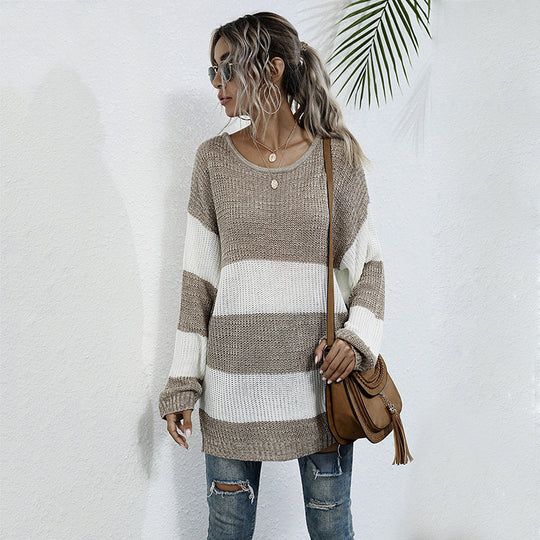 Damen Oversize Longpullover mit Blockstreifen und Rundhalsausschnitt Nord Taschen