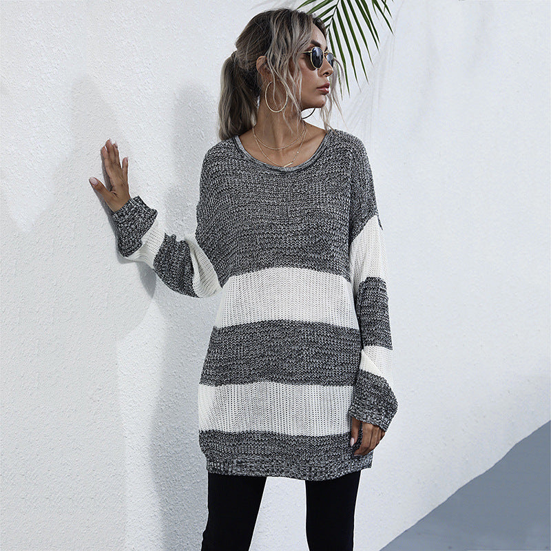 Damen Oversize Longpullover mit Blockstreifen und Rundhalsausschnitt Nord Taschen