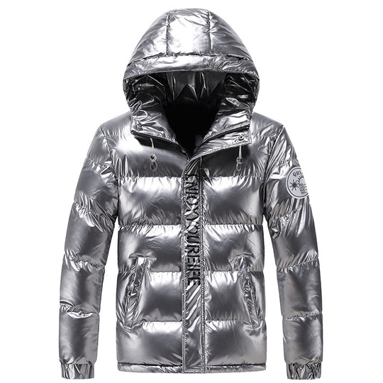 Herren glänzende wattierte Kapuzenjacke mit Metallic-Finish und Steppung Nord Taschen