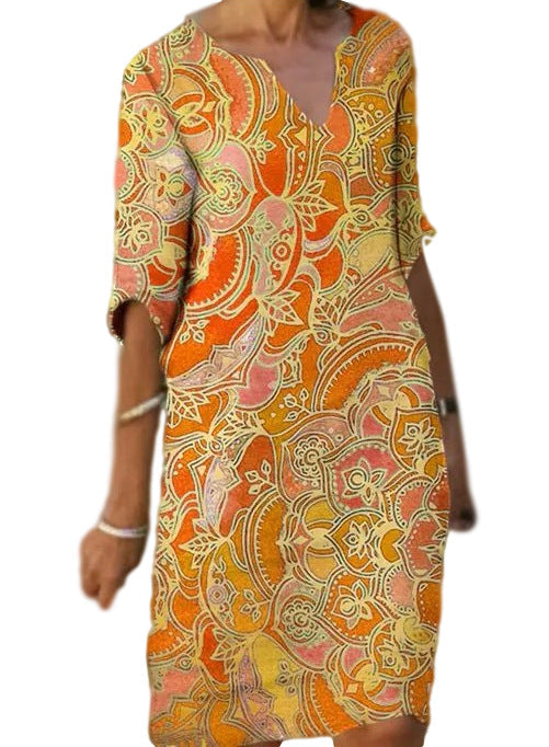 Damen Freizeitleichtkleid mit elegantem V-Ausschnitt und buntem Muster