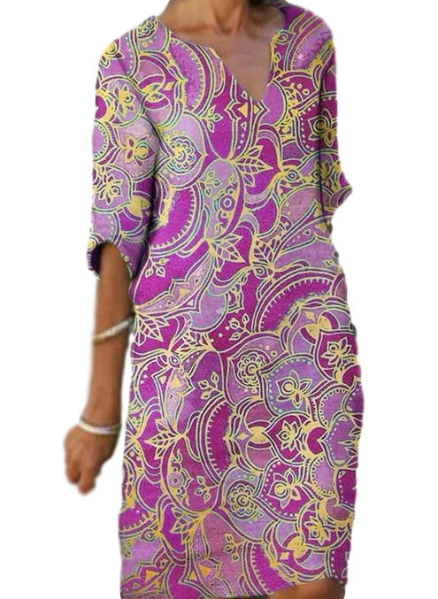 Damen Freizeitleichtkleid mit elegantem V-Ausschnitt und buntem Muster