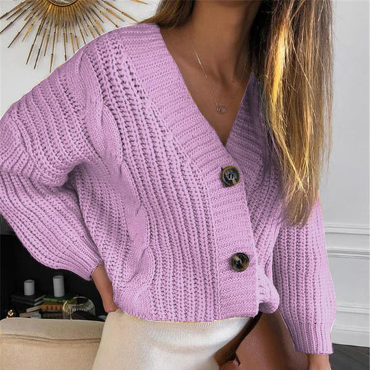 Damen Kurz geschnittener Grobstrick-Cardigan mit tiefem V-Ausschnitt, Zopfmuster und Oversize-Ärmeln Nord Taschen