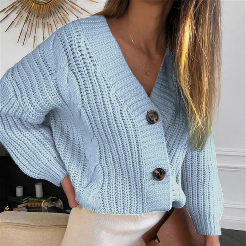 Damen Kurz geschnittener Grobstrick-Cardigan mit tiefem V-Ausschnitt, Zopfmuster und Oversize-Ärmeln Nord Taschen