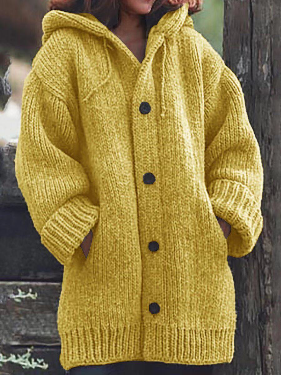 Damen Langgezogener Grobstrick-Mantelcardigan mit Kapuze, überschnittener Schulter und großen Knöpfen Nord Taschen