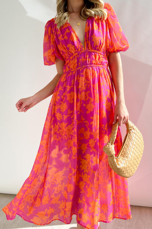 Real Love Print Puffärmel Maxi Kleid