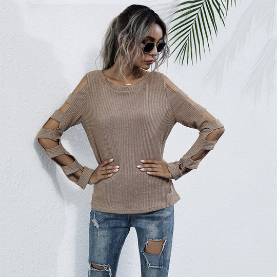 Damen gerippter Strickpullover mit Cut-Out-Ärmeln und Schulter-Ausschnitten Nord Taschen