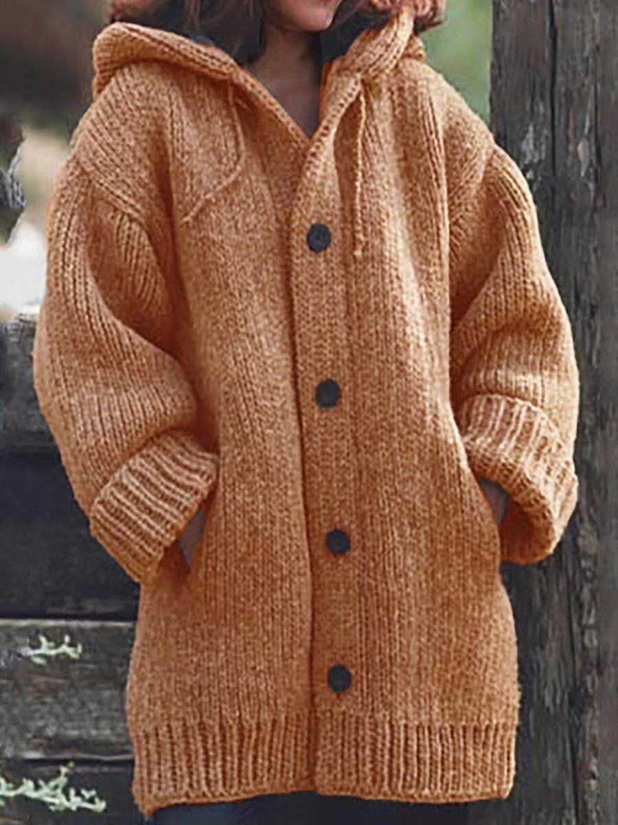 Damen Langgezogener Grobstrick-Mantelcardigan mit Kapuze, überschnittener Schulter und großen Knöpfen Nord Taschen