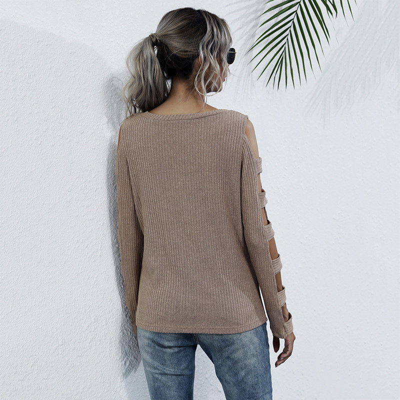 Damen gerippter Strickpullover mit Cut-Out-Ärmeln und Schulter-Ausschnitten Nord Taschen