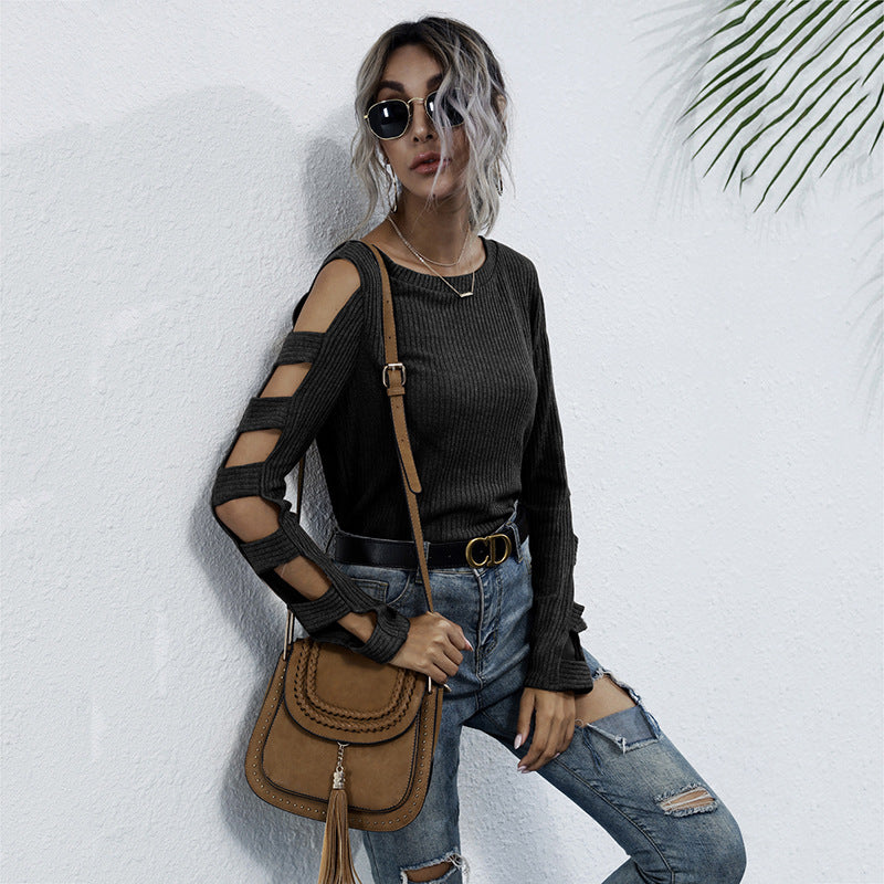 Damen gerippter Strickpullover mit Cut-Out-Ärmeln und Schulter-Ausschnitten Nord Taschen