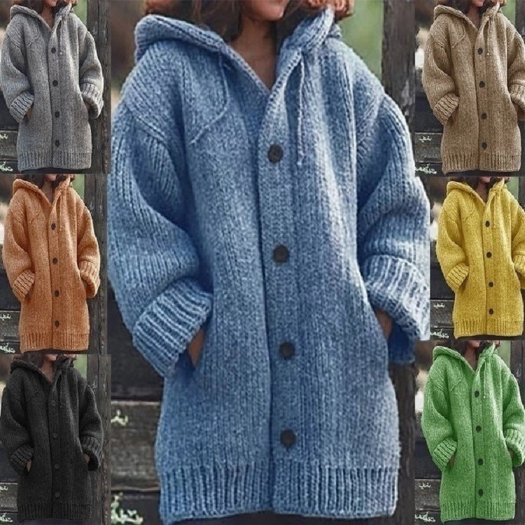 Damen Langgezogener Grobstrick-Mantelcardigan mit Kapuze, überschnittener Schulter und großen Knöpfen Nord Taschen