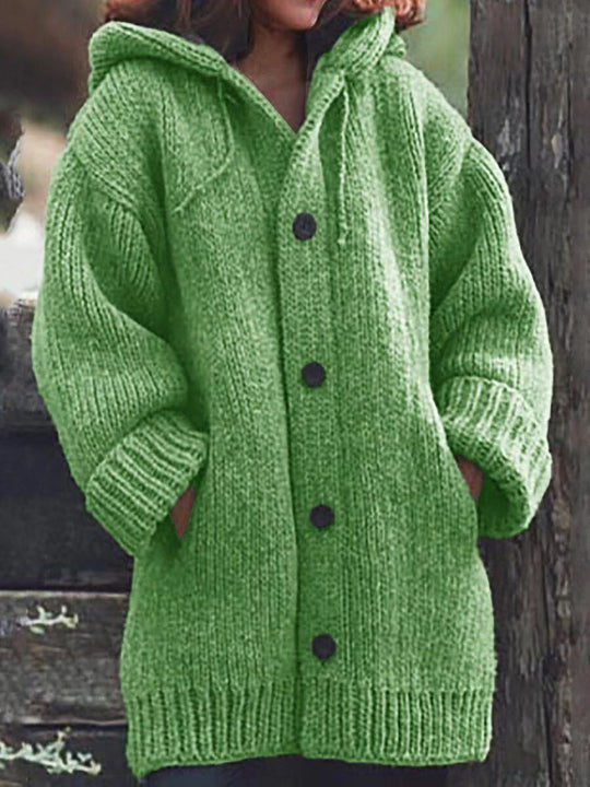 Damen Langgezogener Grobstrick-Mantelcardigan mit Kapuze, überschnittener Schulter und großen Knöpfen Nord Taschen