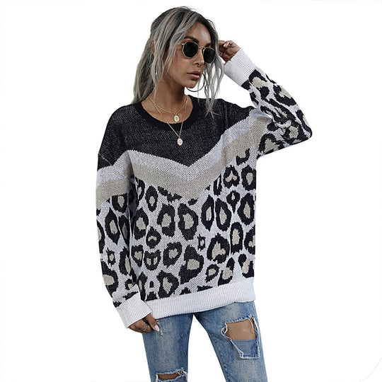 Damen Oversize Strickpullover mit Leopardenjacquard und kontrastierender V‑Blende Nord Taschen