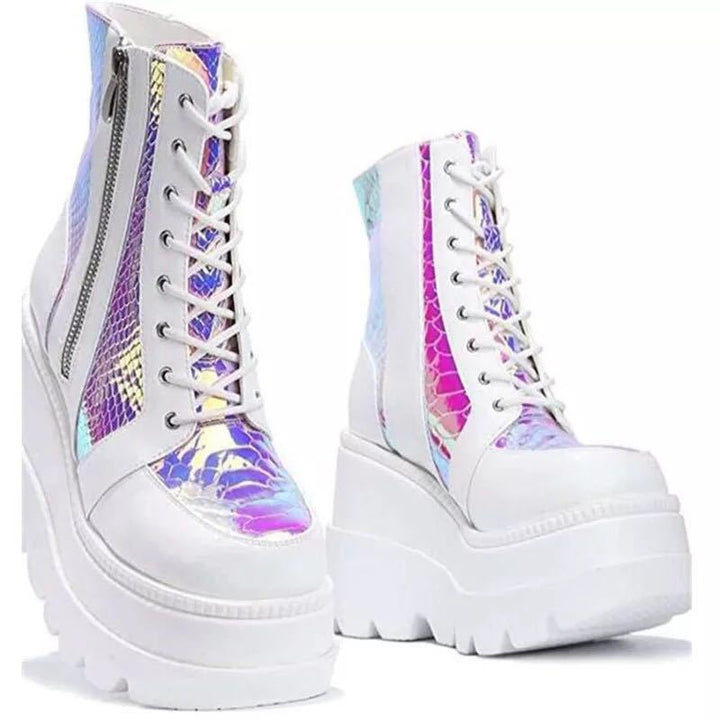 Damen Hochformatige Plateau-Schnürstiefel mit Kunstleder und reflektierenden Akzenten