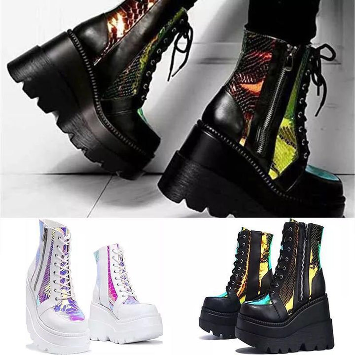 Damen Hochformatige Plateau-Schnürstiefel mit Kunstleder und reflektierenden Akzenten