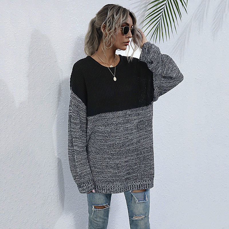 Damen Oversize Strickpullover mit Colorblock-Optik, rundem Ausschnitt und melierter Strukturstrick Nord Taschen