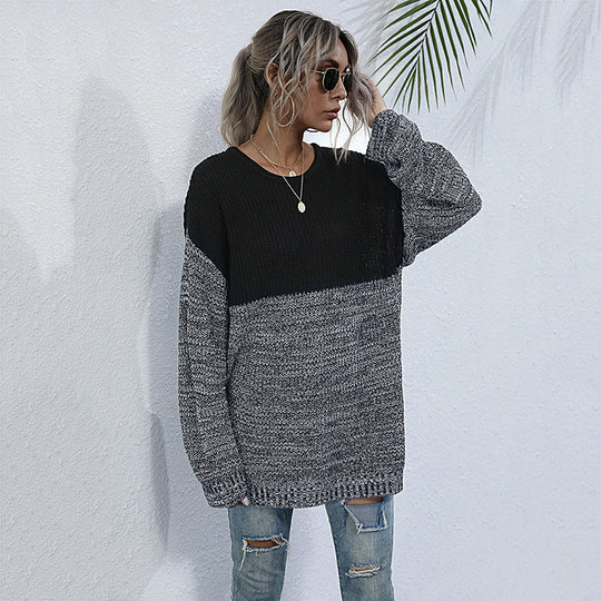 Damen Oversize Strickpullover mit Colorblock-Optik, rundem Ausschnitt und melierter Strukturstrick Nord Taschen