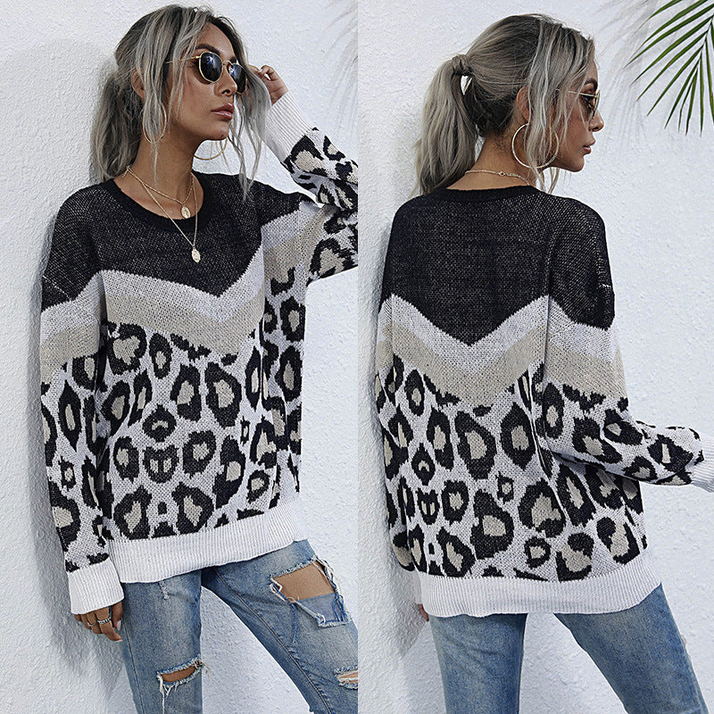 Damen Oversize Strickpullover mit Leopardenjacquard und kontrastierender V‑Blende Nord Taschen