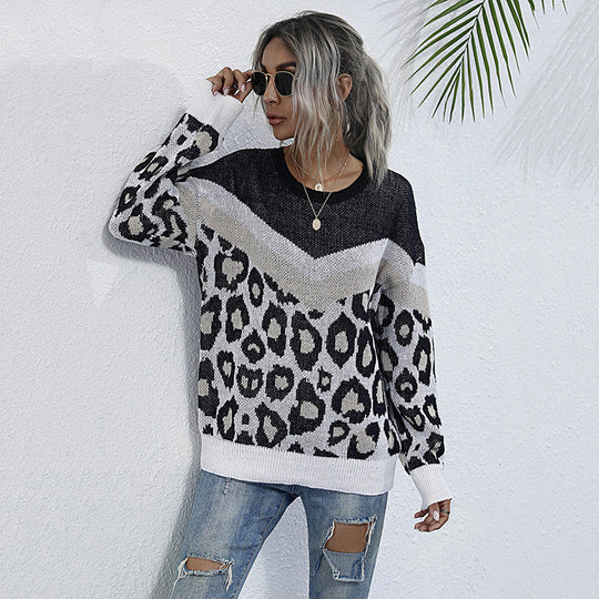 Damen Oversize Strickpullover mit Leopardenjacquard und kontrastierender V‑Blende Nord Taschen