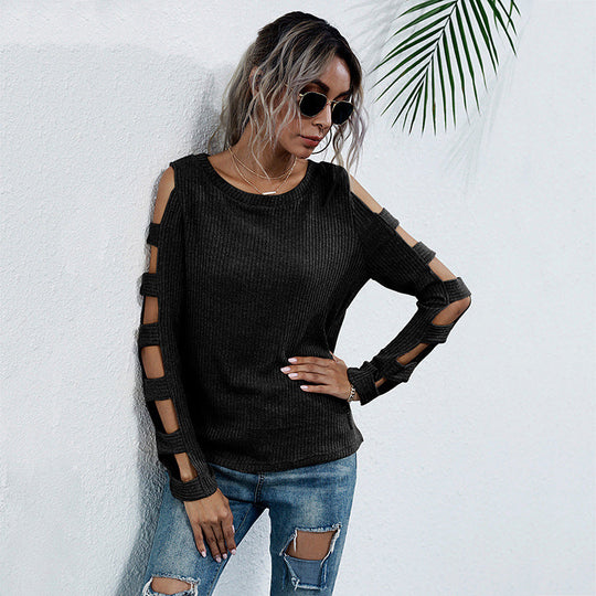 Damen gerippter Strickpullover mit Cut-Out-Ärmeln und Schulter-Ausschnitten Nord Taschen