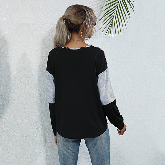 Damen Langarmshirt mit Leoparden-Print Schnürdetail und Colorblock Nord Taschen