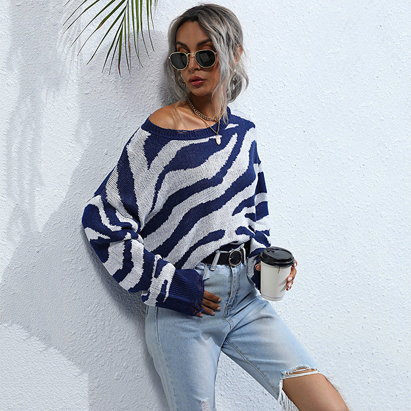 Damen Oversize-Strickpullover mit Zebrastreifen‑Jacquard, ausgefranstem Saum und Raglanärmeln Nord Taschen