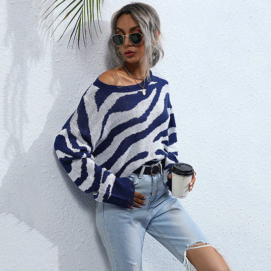 Damen Oversize-Strickpullover mit Zebrastreifen‑Jacquard, ausgefranstem Saum und Raglanärmeln Nord Taschen