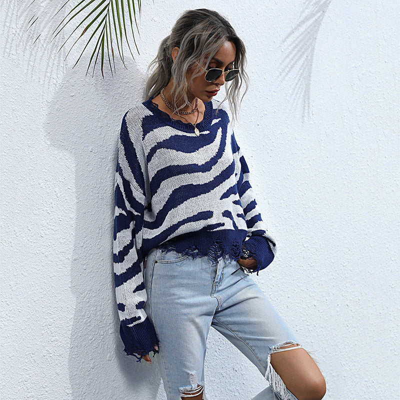 Damen Oversize-Strickpullover mit Zebrastreifen‑Jacquard, ausgefranstem Saum und Raglanärmeln Nord Taschen