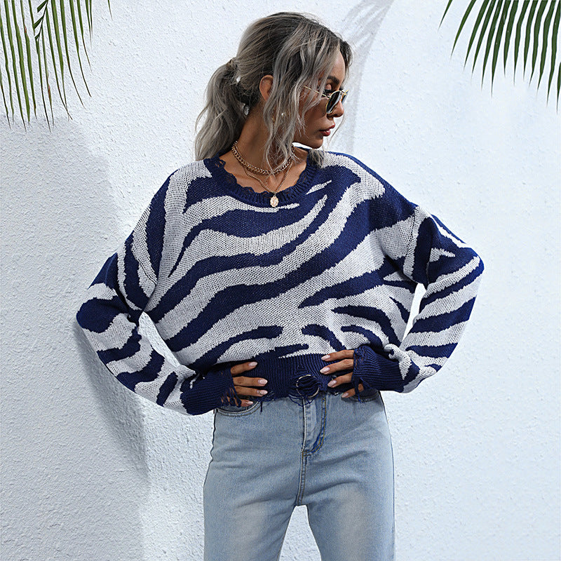 Damen Oversize-Strickpullover mit Zebrastreifen‑Jacquard, ausgefranstem Saum und Raglanärmeln Nord Taschen
