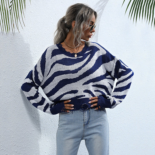 Damen Oversize-Strickpullover mit Zebrastreifen‑Jacquard, ausgefranstem Saum und Raglanärmeln Nord Taschen