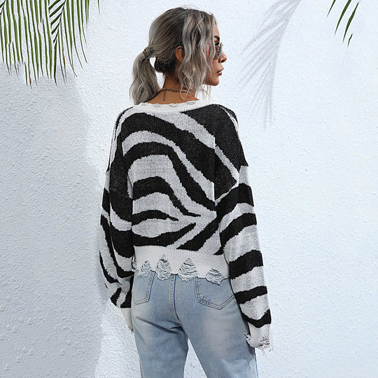 Damen Oversize V-Ausschnitt Strickpullover mit Zebramuster und ausgefranstem Saum Nord Taschen