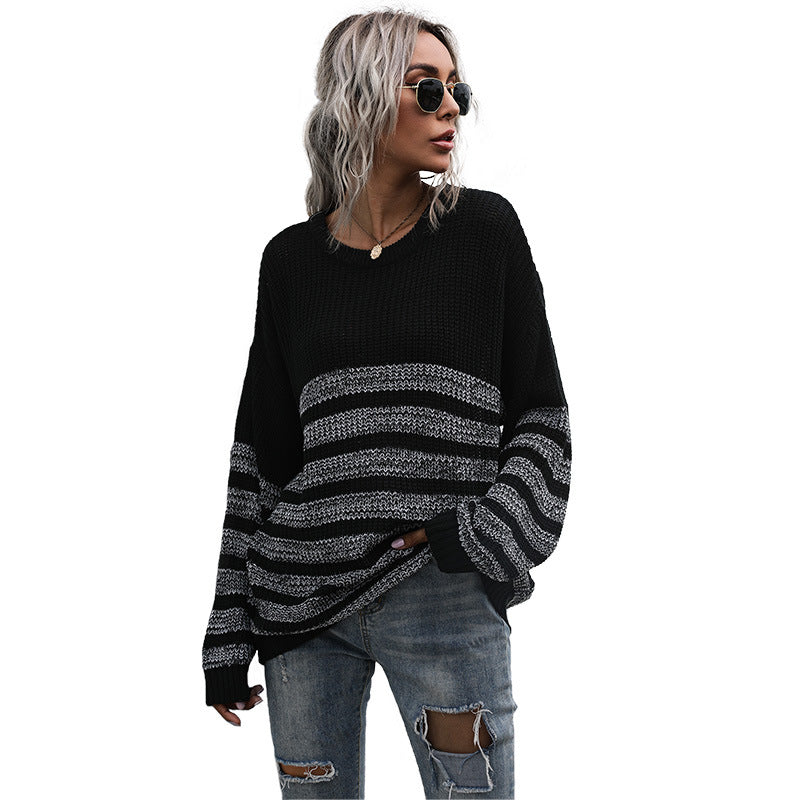Damen Bequemer Strickpullover mit Streifenmuster Nord Taschen