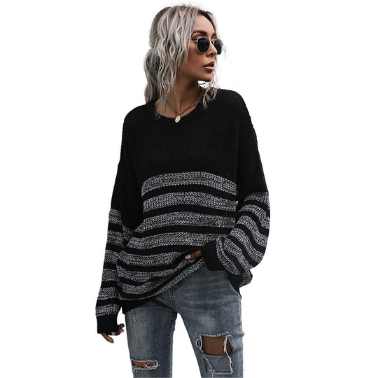 Damen Bequemer Strickpullover mit Streifenmuster Nord Taschen