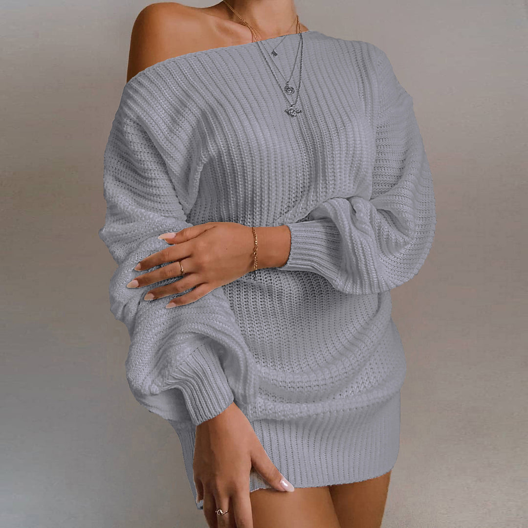 Damen Oversized Grobstrick-Kleid mit U-Boot-Ausschnitt und Ballonärmeln Drune