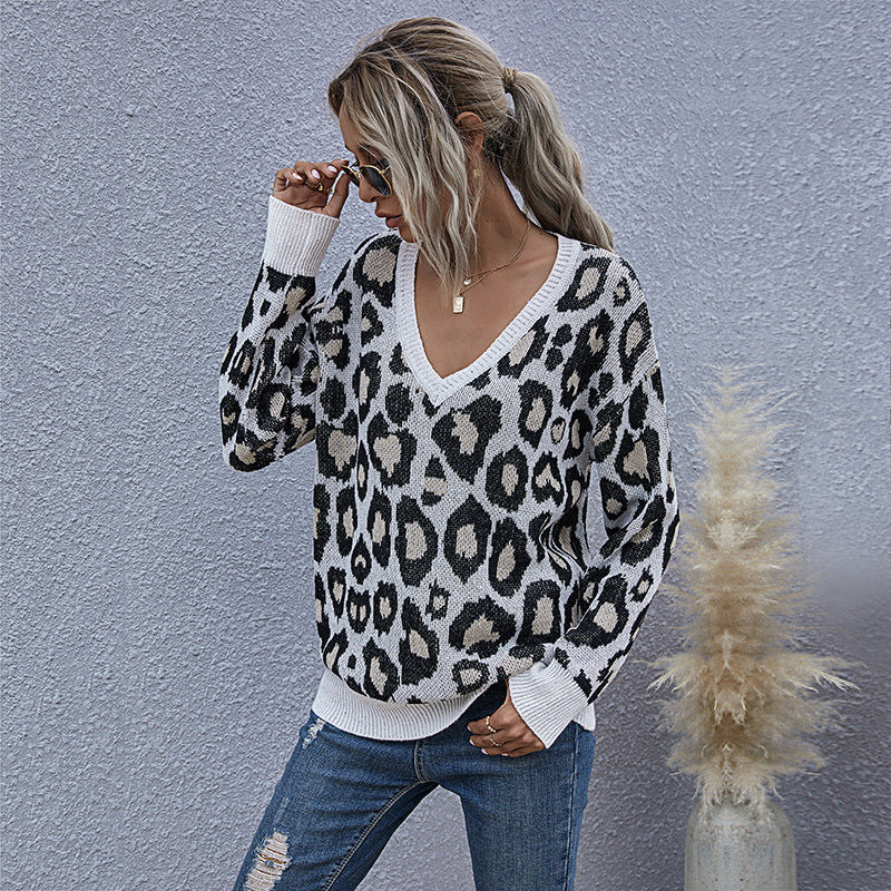 Damen Grobgestrickter V-Neck Pullover mit Oversize‑Silhouette und Statement‑Leoprint Nord Taschen