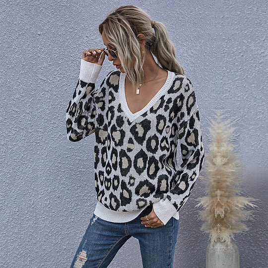 Damen Grobgestrickter V-Neck Pullover mit Oversize‑Silhouette und Statement‑Leoprint Nord Taschen