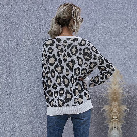 Damen Grobgestrickter V-Neck Pullover mit Oversize‑Silhouette und Statement‑Leoprint Nord Taschen
