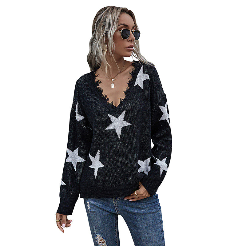 Damen Lässiger Sternen-Strickpullover in Oversize mit V-Ausschnitt und ausgefranstem Saum Nord Taschen