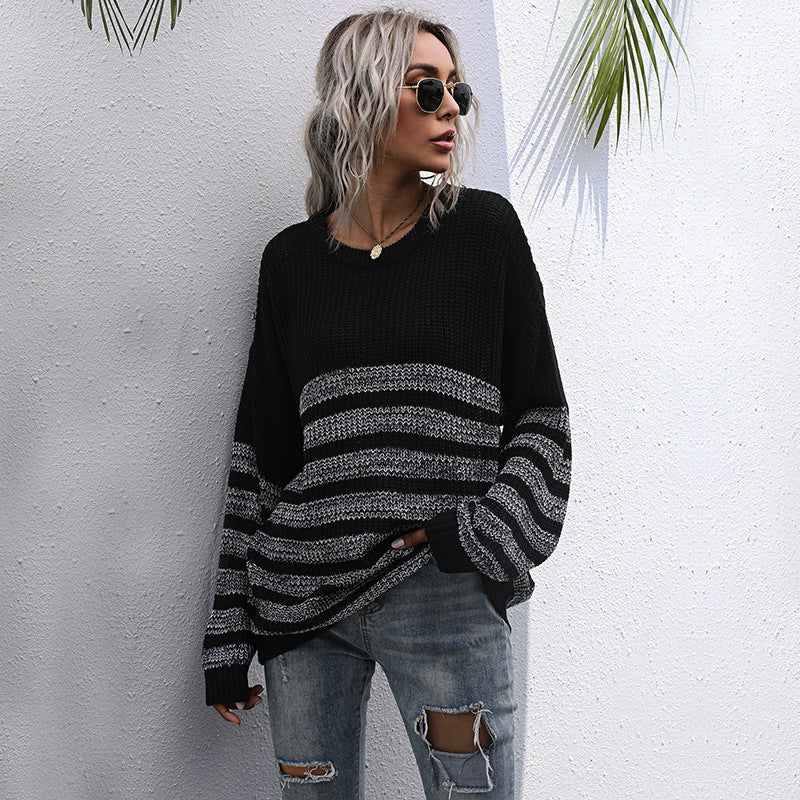Damen Bequemer Strickpullover mit Streifenmuster Nord Taschen