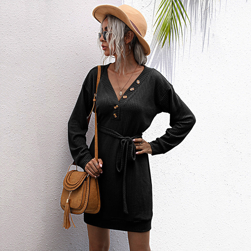 Damen Übergroßes Casual Kleid mit Knopfdetails und Taillengürtel Nord Taschen