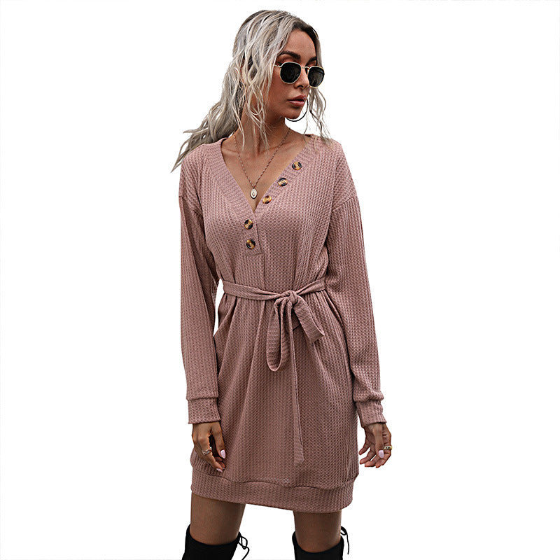 Damen Übergroßes Casual Kleid mit Knopfdetails und Taillengürtel Nord Taschen