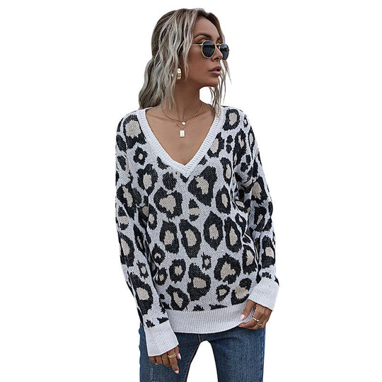 Damen Grobgestrickter V-Neck Pullover mit Oversize‑Silhouette und Statement‑Leoprint Nord Taschen