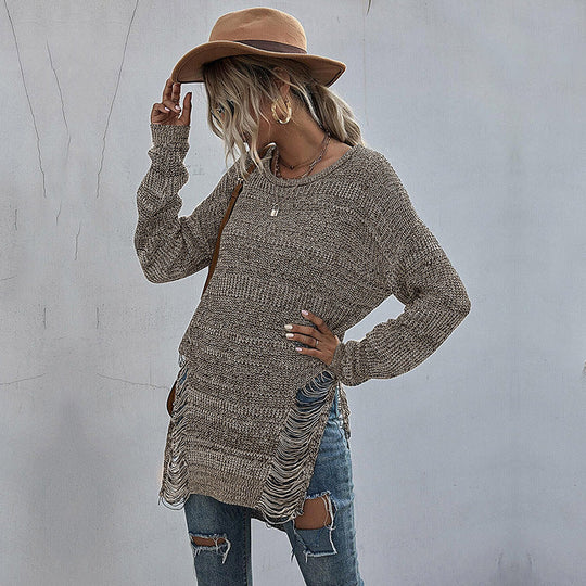 Damen Grobstrick-Longpullover mit seitlichen Fransen und geripptem Saum Nord Taschen