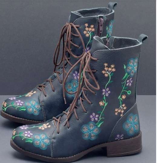 Damen nan bestickte Combat-Stiefelette mit floralem Stickmotiv, seitlicher Reißverschluss und gepolstertem Komfortfußbett Nord Taschen